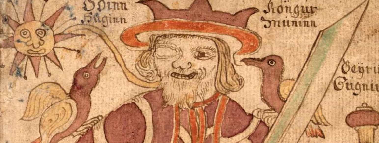 Odin med ravnene Hugin og Munin på sine skuldre. Udsnit af illustration fra islandsk håndskrift
