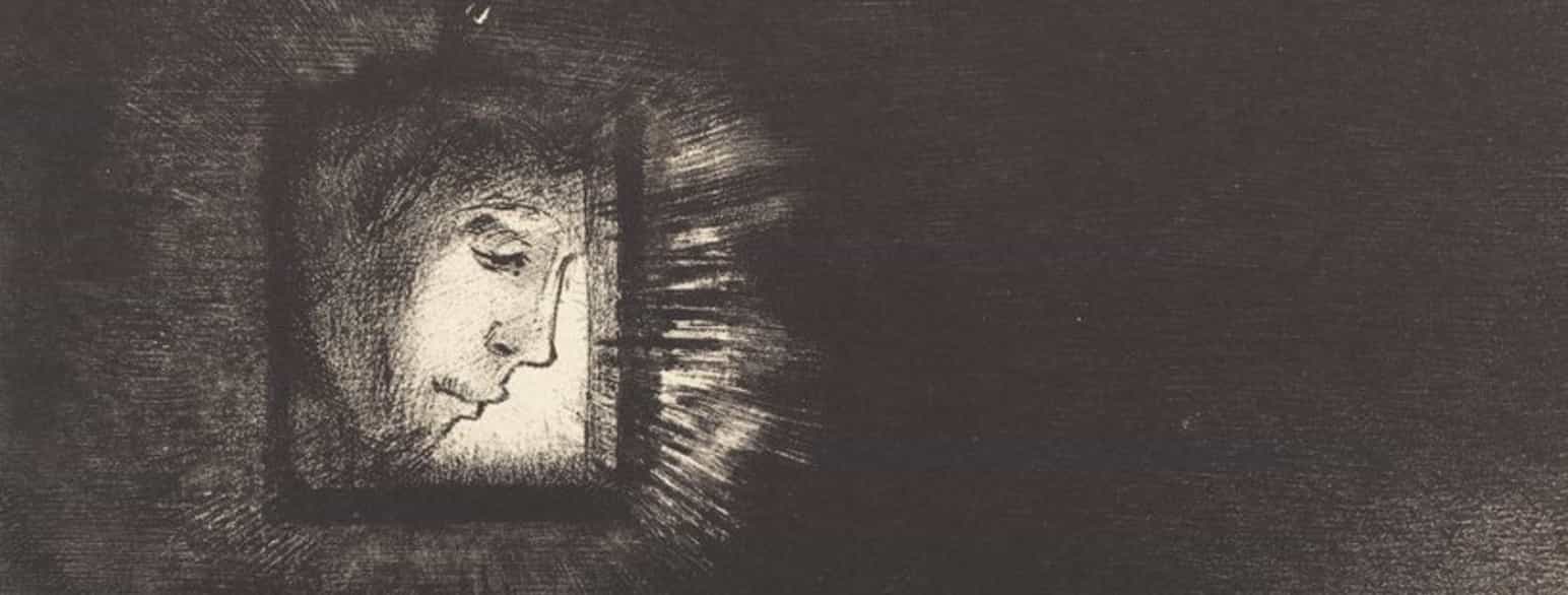 Udsnit af "Lueur precaire, une tete a l'infini suspendue" (1891)