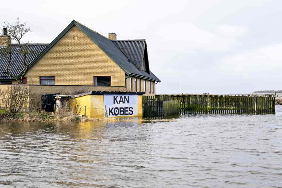 Hus til salg ved Limfjorden under oversvømmelse i februar 2020