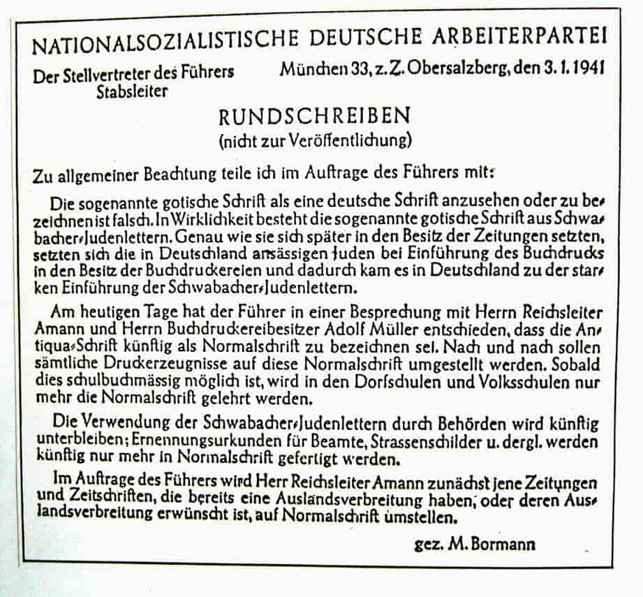Hitlers dekret som afskaffede gotisk skrift i Tyskland, underskrevet på vegne af Føreren af hans personlige sekretær Martin Bormann (1900-1945)